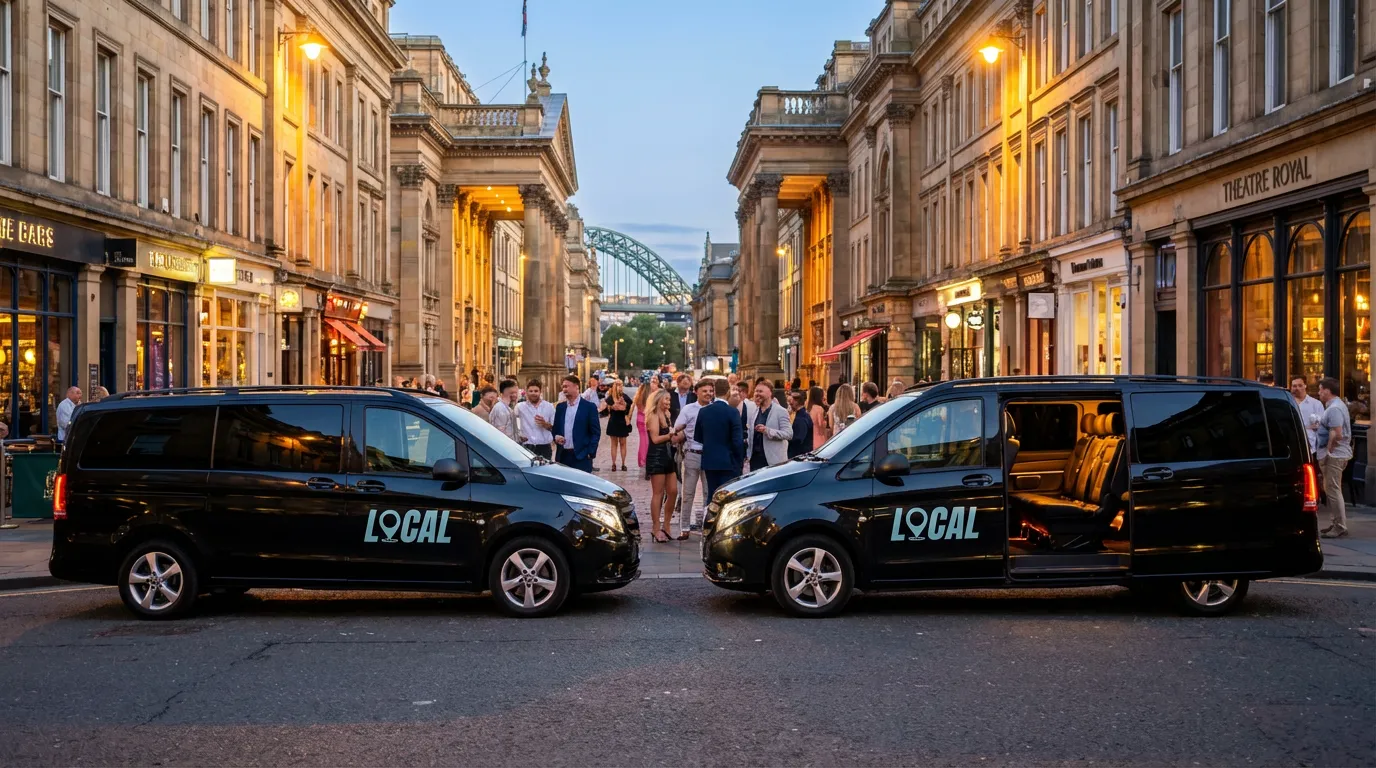 Two Local Taxis Vitos on Grey Street Newcastle with Theatre Royal and partygoers