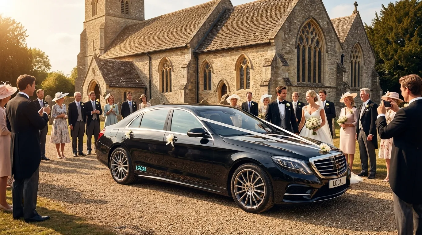 Local Taxis wedding car outside a church with guests