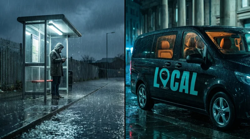 Bus stop in the rain versus a warm Local Taxis car — compare fares