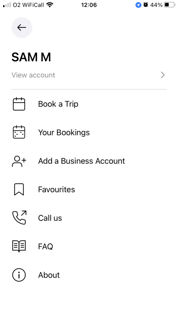 Account Menu - App Instructions - Local Taxis